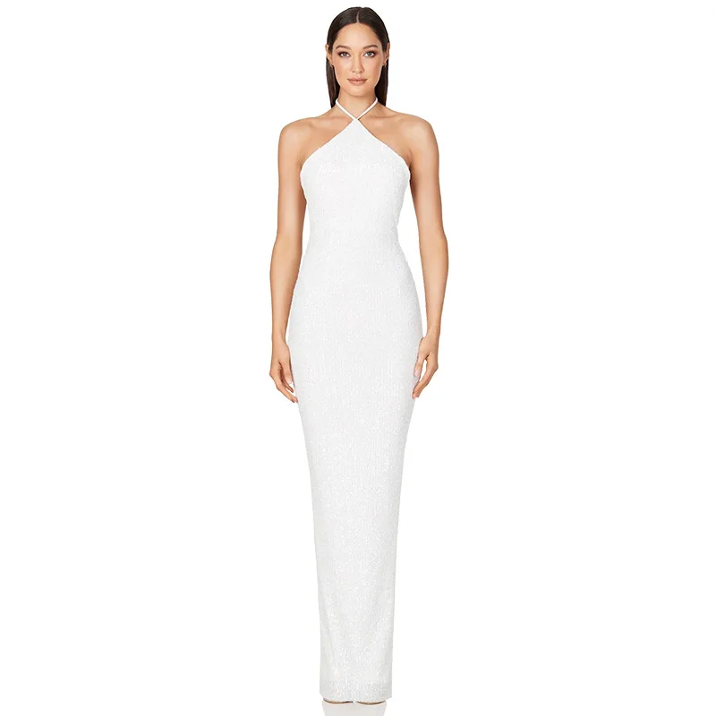 Lagere Split Elegante Jurk Vrouwen Voor Bruiloft Cocktail Prom Jurk Pailletten Hals Opknoping Sexy Lange Avondjurken Hxy9