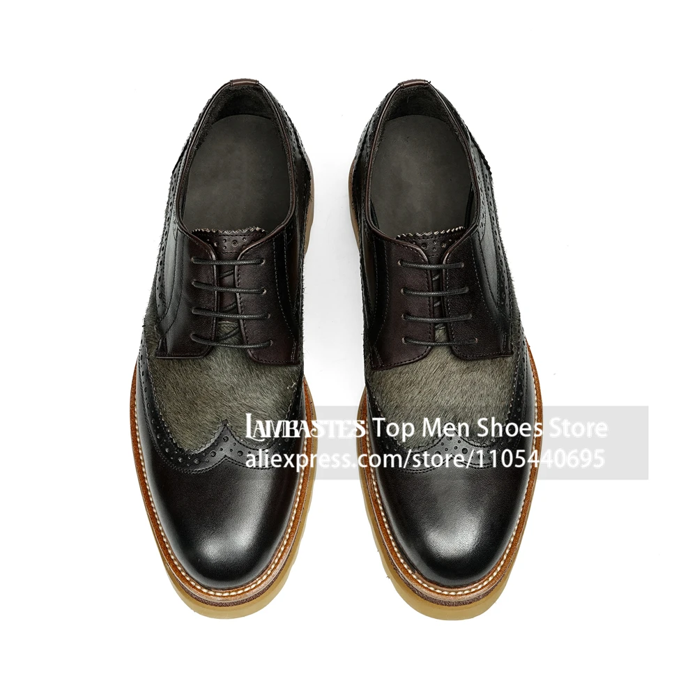 Genuine Leather Horsehair Oxfords Vintage Mixed Material Full Brogue Lace Up Leather Shoes Two Tone Leather Fur Panel Men Shoes