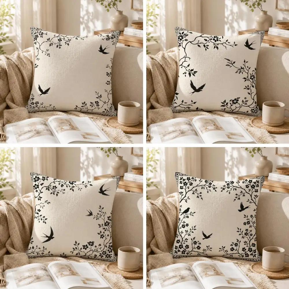 Botanical Bird Silhouettes Cushion Cover Summer Coolness Linen Organic Fabric Sofa Pillow Case Double-Sided Printing Home Decor