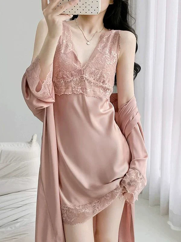 Grande taille dentelle épissure glace soie Svel sangle maison vêtements femmes chemise de nuit Robe été taille haute a-ligne Dr coréen Sle