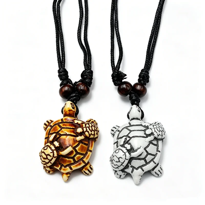 Mother and Baby Sea Turtle Pendant Necklace - Resin, 2 Colors Adjustable Black Cord, Surfer Jewelry
