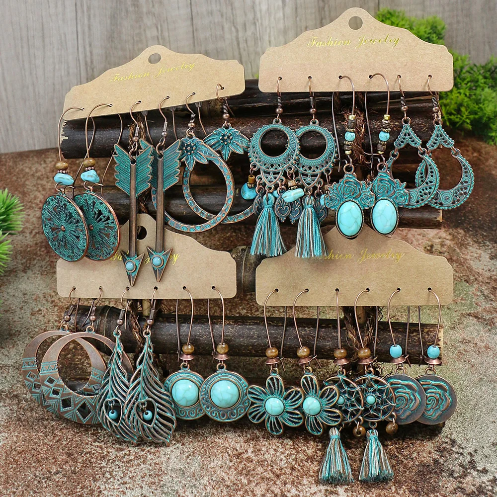 Vintage Style Turquoise Drop Earrings Women Combination Set Sun Flower Zinc Alloy Bohemian Geometry Tassel Gift Performance Show