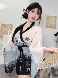 Chinese Style Retro Hanfu Printing Perspective Gauze Lace Up Retract Waist Dress Summer Fashion Perform Comfort Dresses New 0ET2