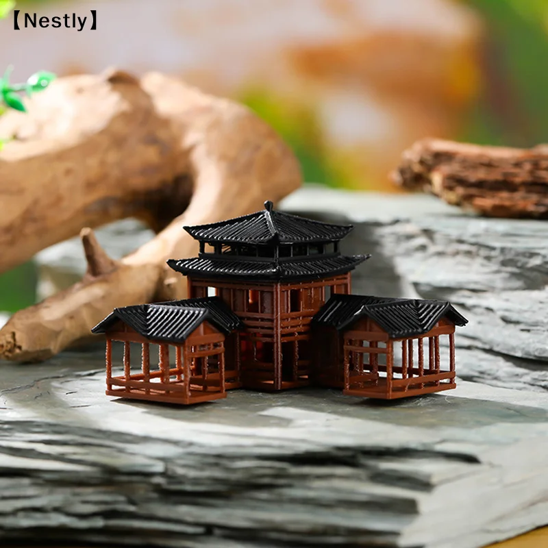 Chinese Inn Statue Ancient Building Model Miniature Pavilion Decorations Miniature Zen Garden Aquarium Bonsai Ornaments〔Nest〕