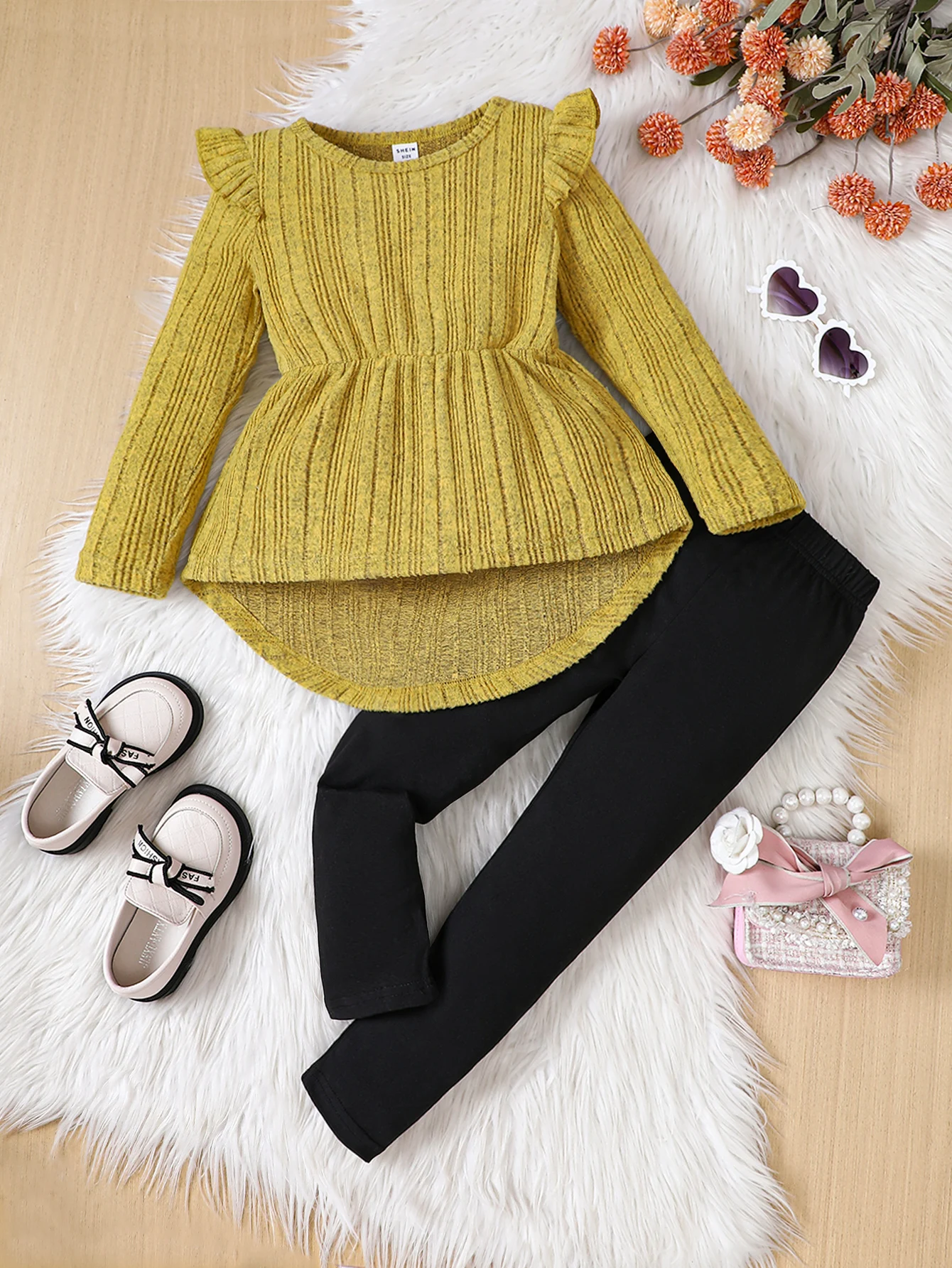 2PCS Spring Autumn Girls Hoodie with Lace Round Neck Long Sleeved Striped Knit Top Solid Color Pants Fashionable Children's Set