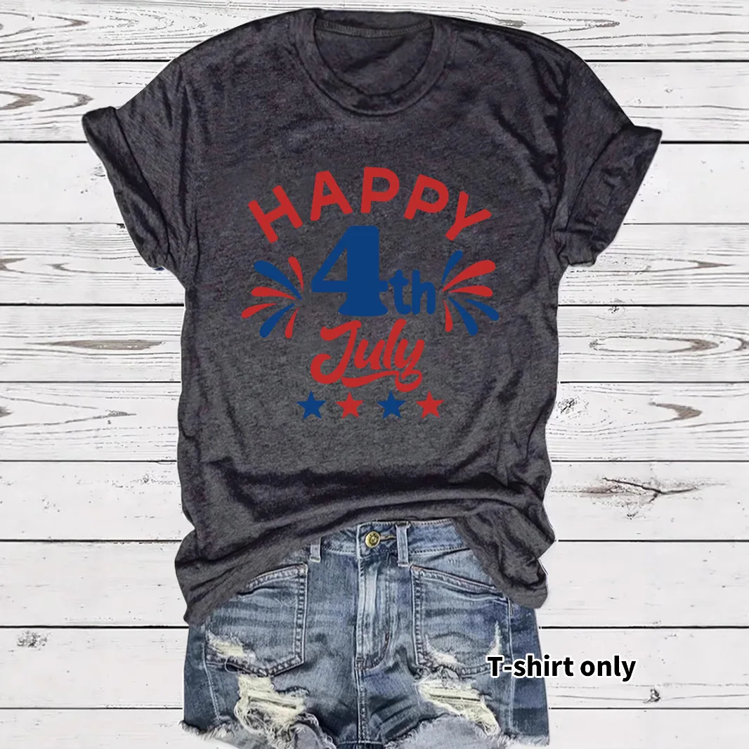 

Cute Printed Short Sleeves April US Independence Day Printed Round Neck Loose Short Sleeves T-shirt for Women Tops