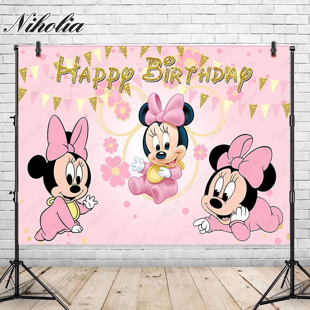 Custome Minnie Mouse Backdrops Birthday Party For Baby Girl Kids Princess Pink Photography Photo Background Banner Props Decors