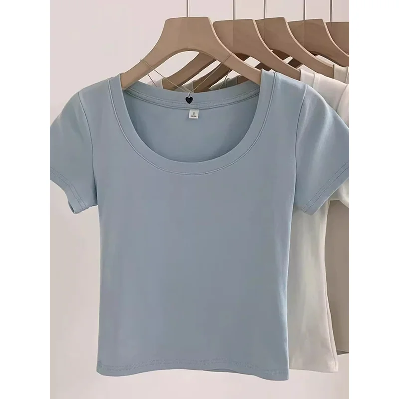 Summer New Style Women's Short Sleeve T-shirt Spicy Girl Korean Shoulder Width U-Neck Large Collar Top Dopaamine White Blue