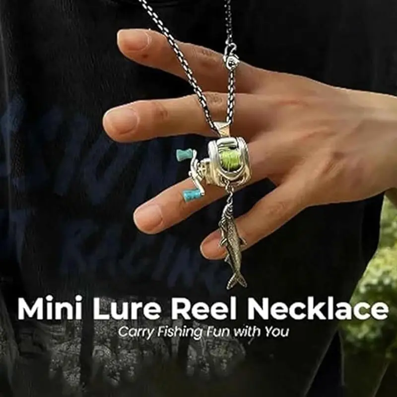 Mini-Angelrolle als Halskette mit drehbarem Griff und beweglicher Schnurführung, Spinnrolle als Schlüsselanhänger oder Rucksackanhänger für Angler – Detail 3