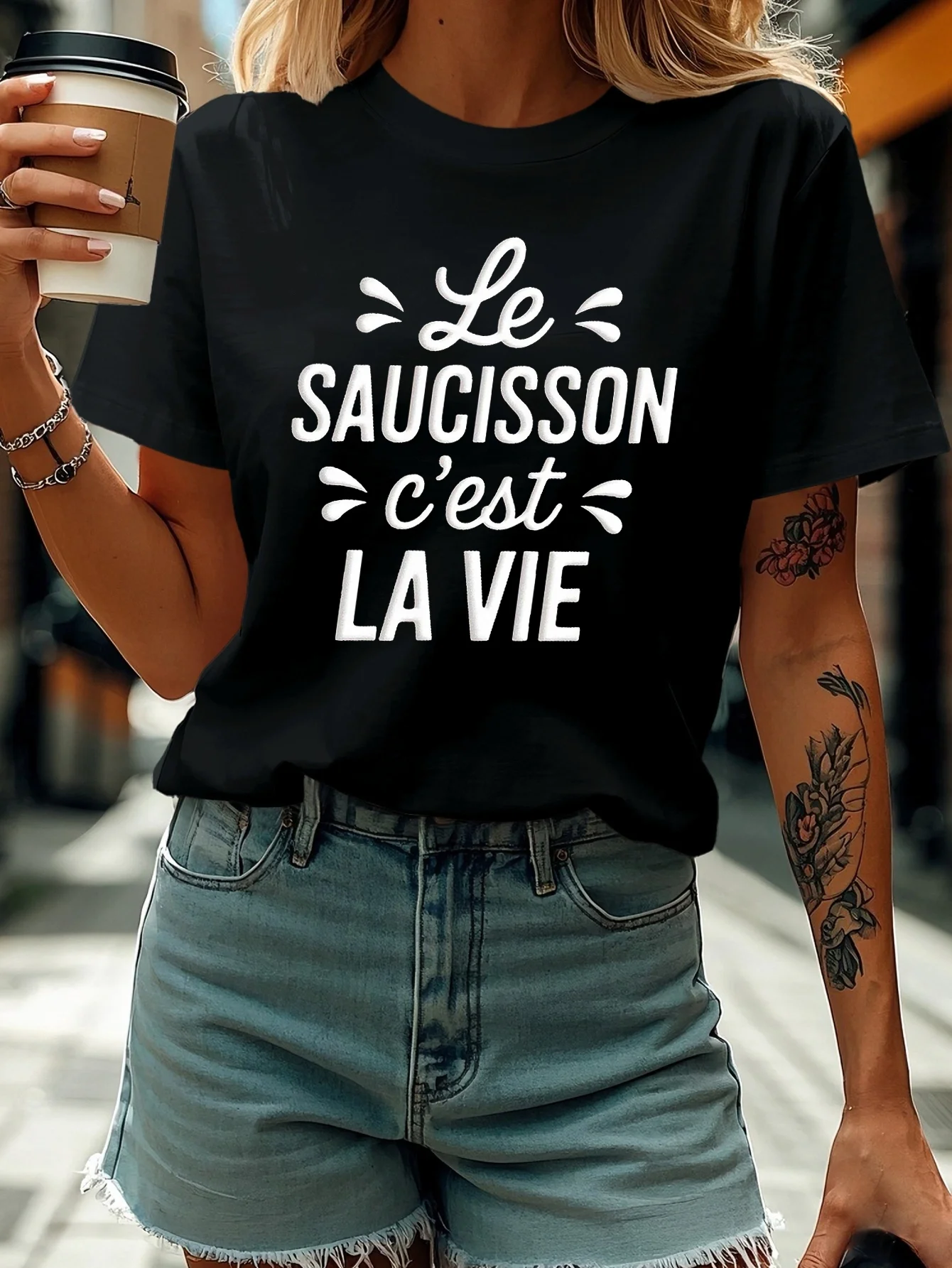 

Women's Short Sleeve T shirt Le SAUCISSON c'est LA VIE French Letter Print Crew Neck Casual Top For Summer & Spring