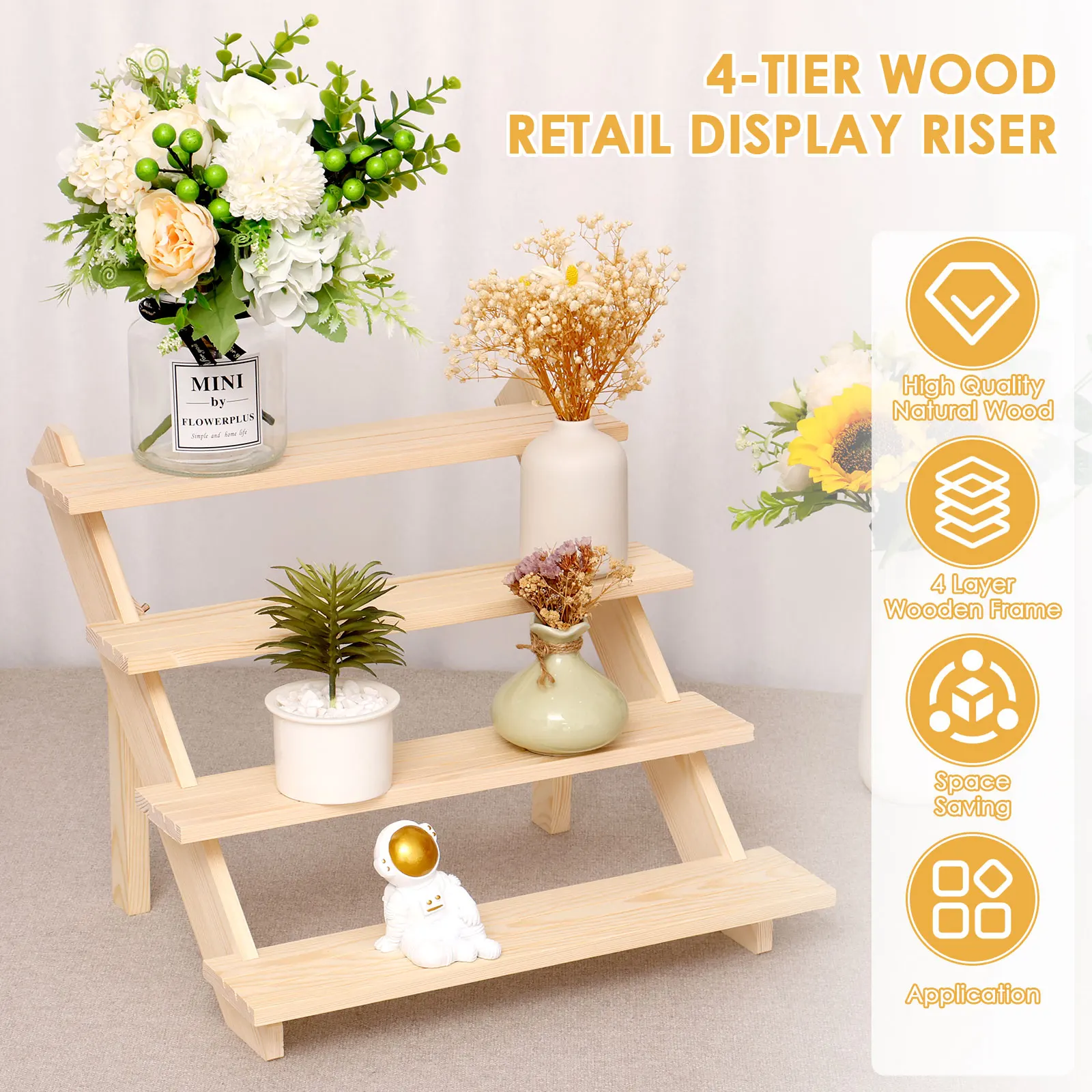 4-Tier Wooden Display Stand Retail Display Rack Cupcake Stand Flower Pot Storage Rack Space Saving for Vendor Home Wedding Party