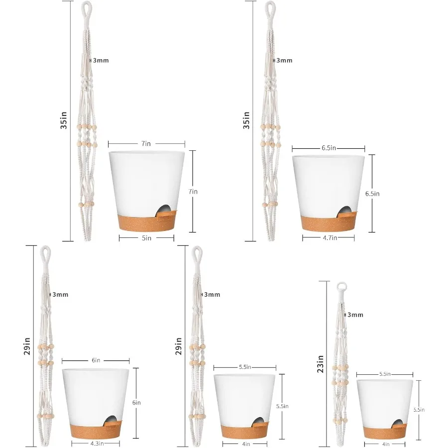 Plantadores suspensos para plantas de interior, conjunto de 5 peças com design macrame, 35 polegadas, 29 polegadas, 23 polegadas, cor marfim, recurso de rega automática