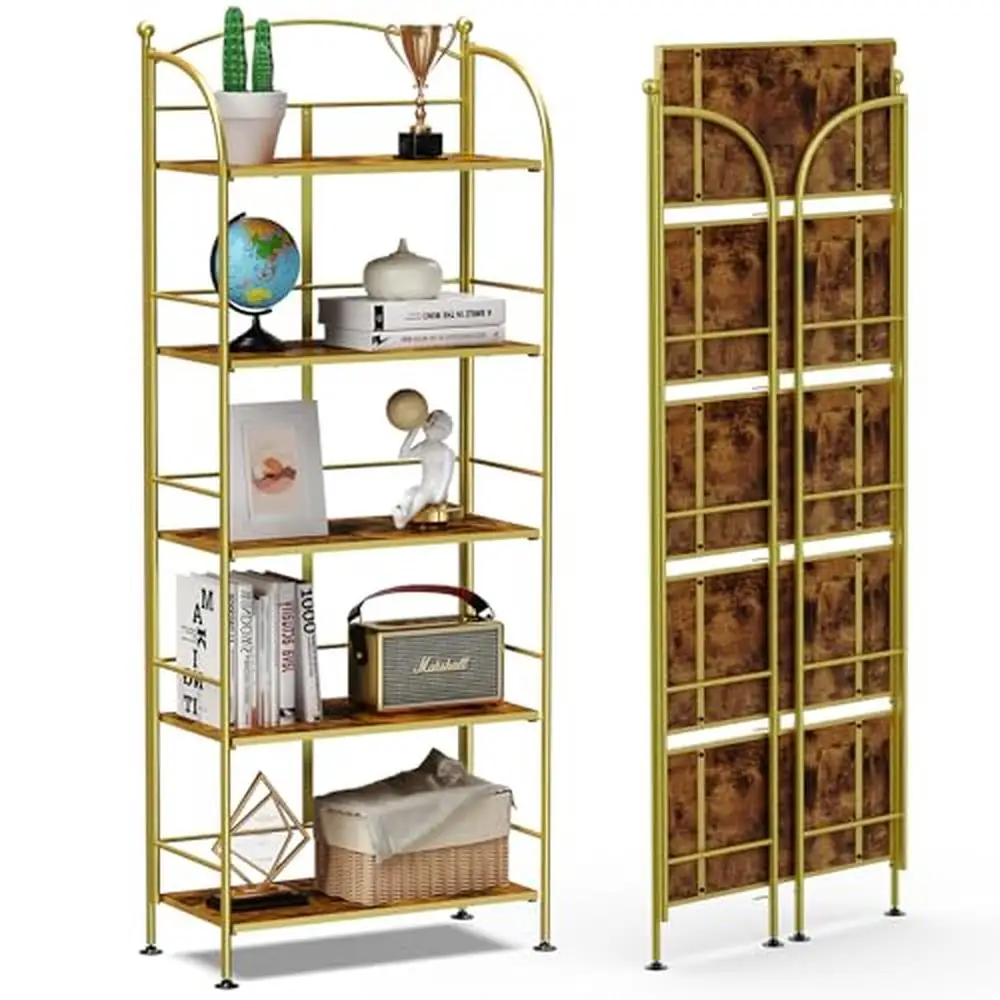 

5 Tier Folding Bookshelf Portable Storage Organizer Metal Frame Display Shelf