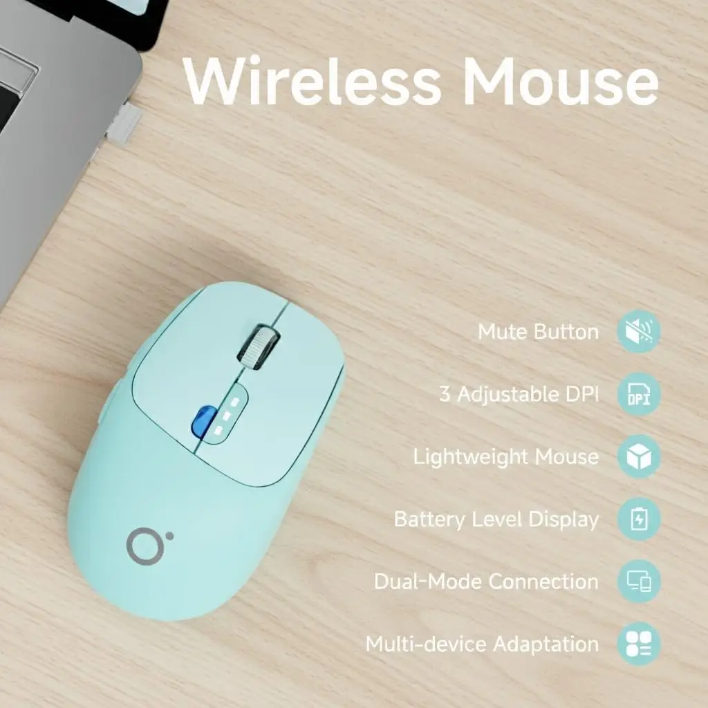 Dual Mode Wireless Mouse Bluetooth 2.4G Quiet 1600 DPI 6 Button Ergonomic Mouse Battery Display Portable for PC Laptop Mac Blue