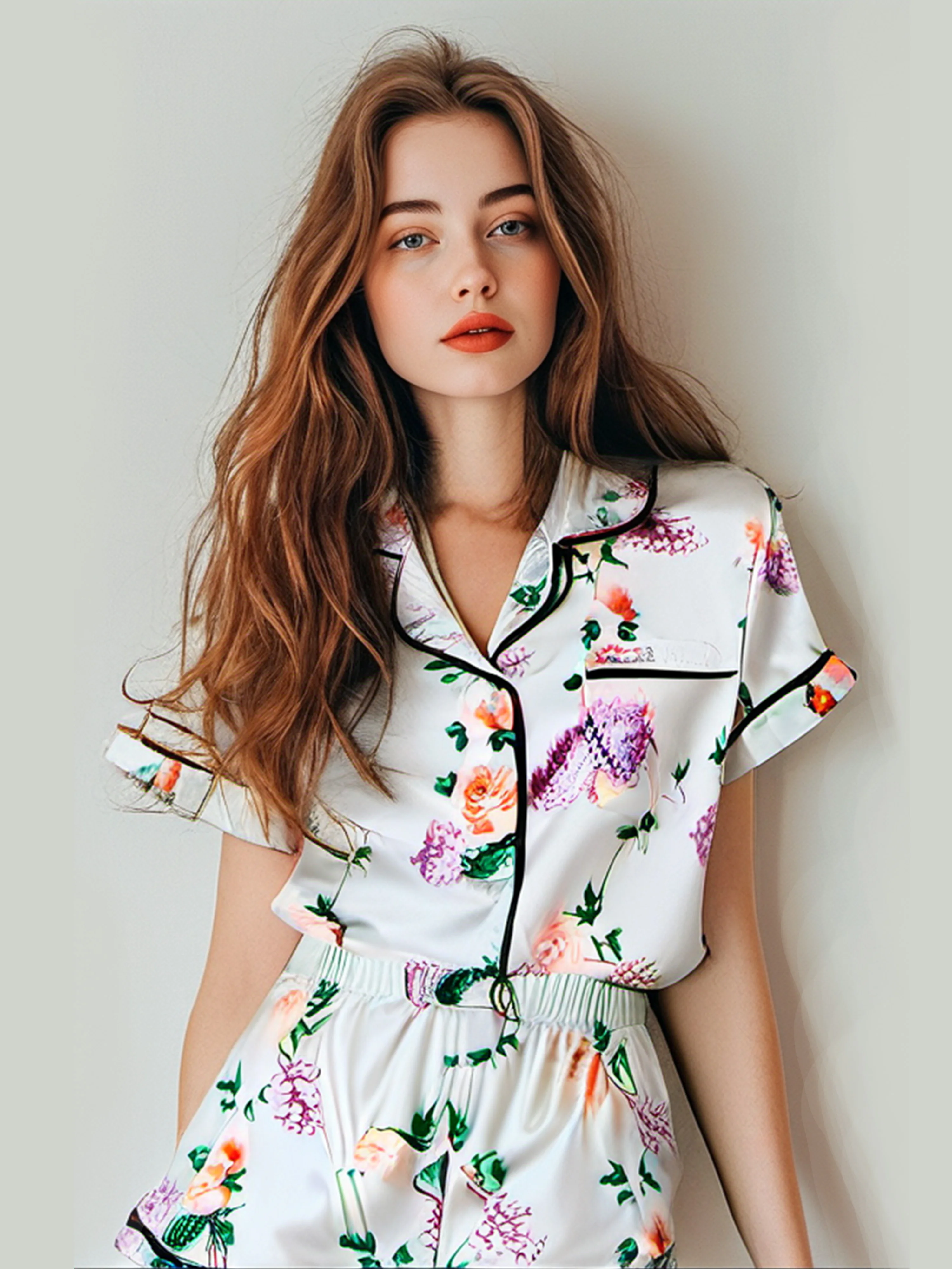 Women's Fashionable Casual Fun Cartoon Home Lapel Pajamas Series Spring and Summer Short-Sleeved Tops and Shorts Set