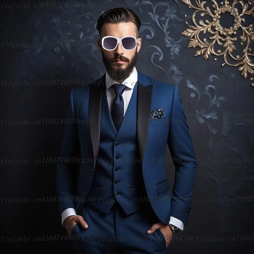 

Черный воротник, темно-синий мужской костюм, официальная свадебная вечеринка, жених, жених, мужские смокинги, комплект из трех предметов, куртка, жилет, брюки