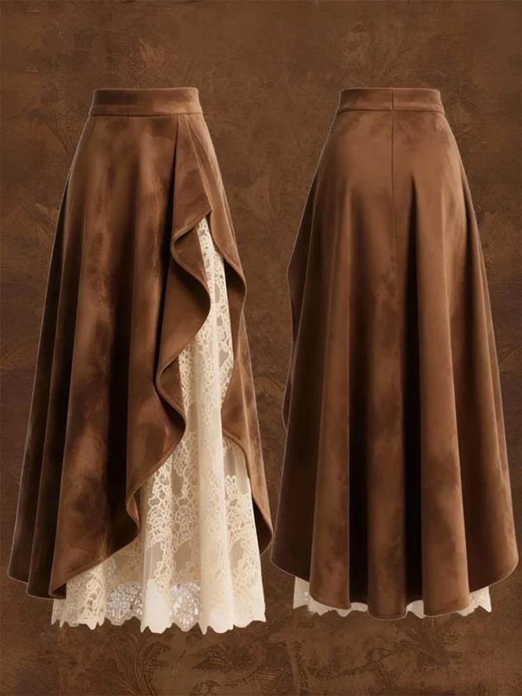 レトロな女性のボヘミアンスエードスカート、ハイウエストAライン、アシンメトリーフリルレーストリム、カジュアルマキシスカート、エレガントファッション