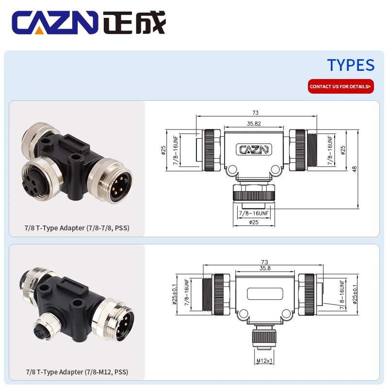 7/8 Aviation Adapter Plug Female To Male And Female T Type Connector Industrial Automation Adapter For Power