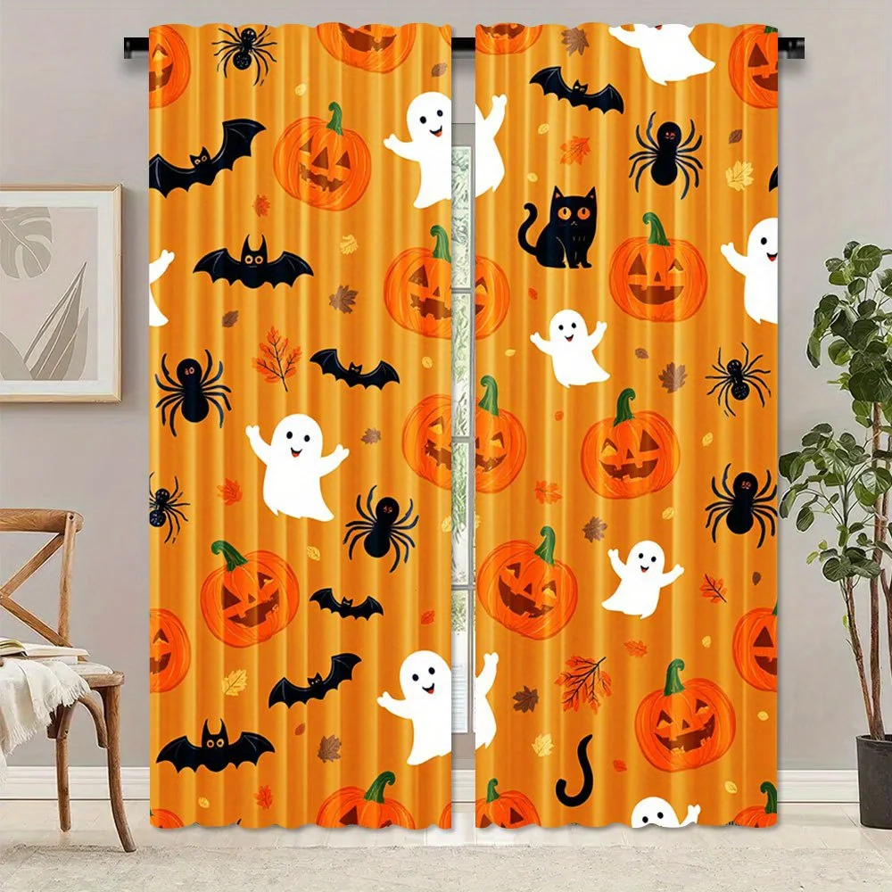 2PCS Digital Print Curtains Halloween Pumpkin Ghost Bat Rod Pocket