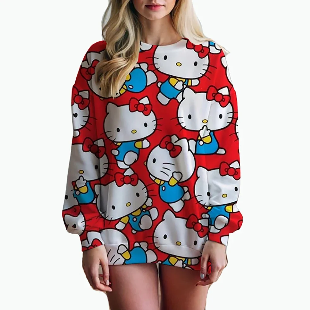 

HELLO KITTY, весенняя женская круглая толстовка с капюшоном, удобная уличная одежда, модные пуловеры с круглым вырезом и длинными рукавами, повседневные топы