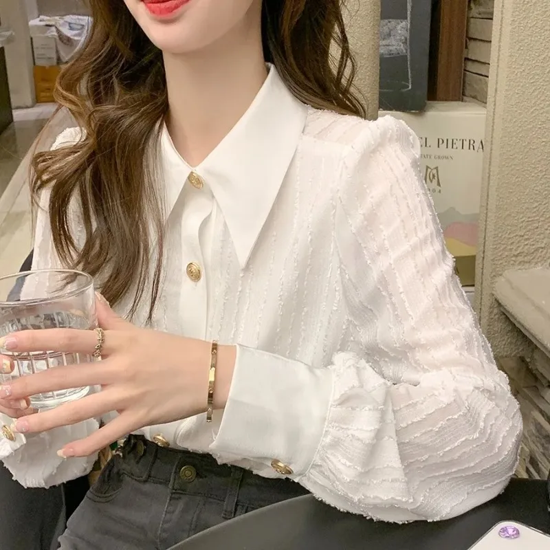 

Женская одежда, весенне-осенняя простая офисная женская пуговица, белый воротник-поло, женские рубашки, универсальный элегантный кардиган с длинными рукавами