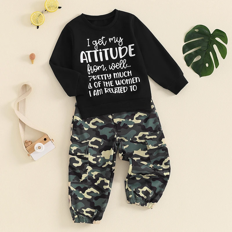 wdehow Toddler Kids Baby Boy Fall Outfits 1T 2T 3T 4T 5T Letter Print Long Sleeve Tops Camouflage Pants Winter Clothes Sets