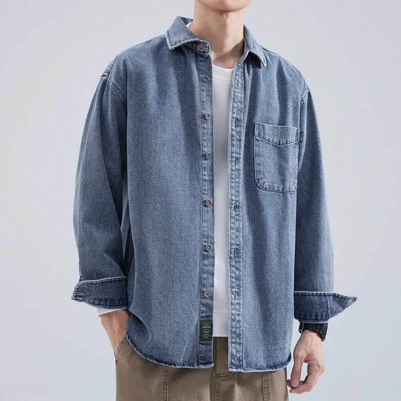 Camicia di jeans da uomo a maniche lunghe 2025 Camicia da lavoro allentata retrò giapponese primaverile e autunnale, giacca casual da ragazzo