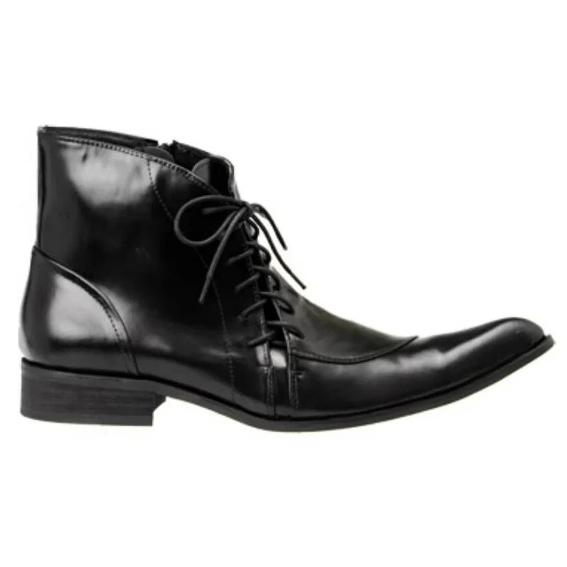 

British Style Black Leather Bandage Pointed Toe Man Chelsea Boots Side Zipper Barber Men Ankle Boots Zapato Hombres