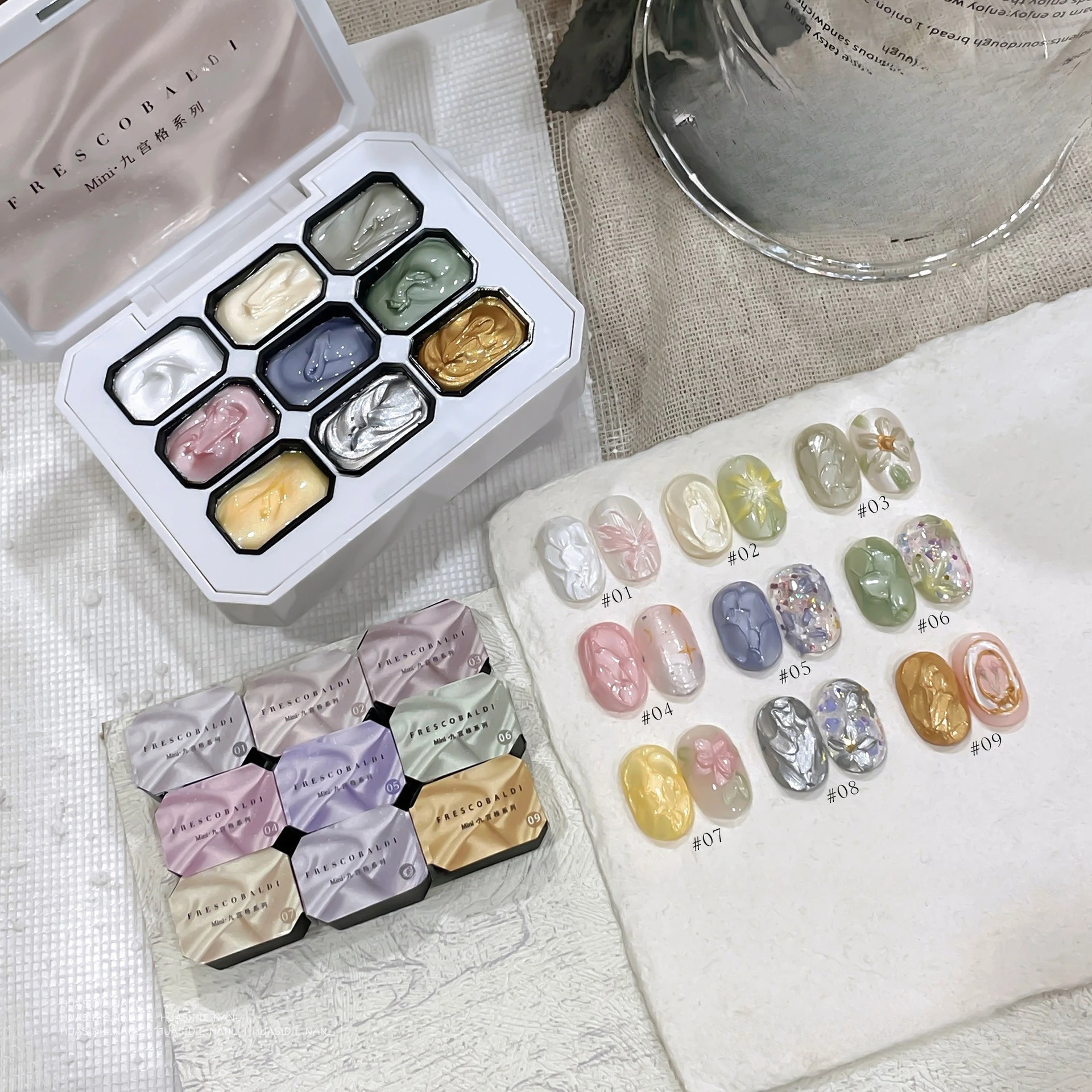 2.5gx9Color Satin Pearl Oil Painting Gel Polish Fairy Powder Cream Popularity Brocade Powder Solid State Solid Nail Art Manicure