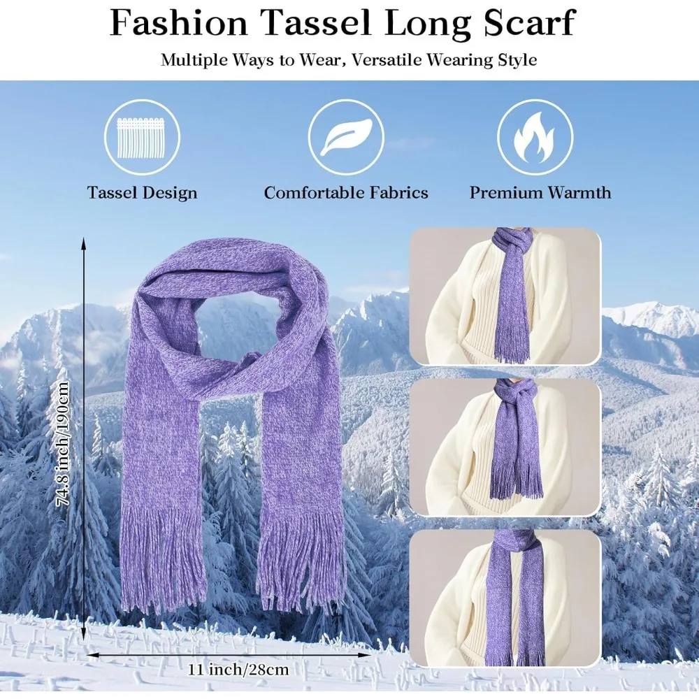 الشتاء الدافئة قبعة صغيرة قفازات لمس طقم وشاح طويل للنساء مع عقال، قبعة متماسكة الأوشحة مع شرابة للنساء