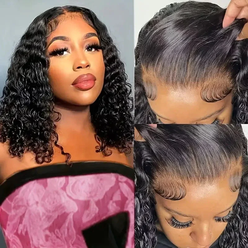 Glueless Wigs Short Bob Wig Water Wave Lace Front Human Hair Wigs For Black Woman 180% Brazilian Kinky Curly Frontal Closure Wig image 3