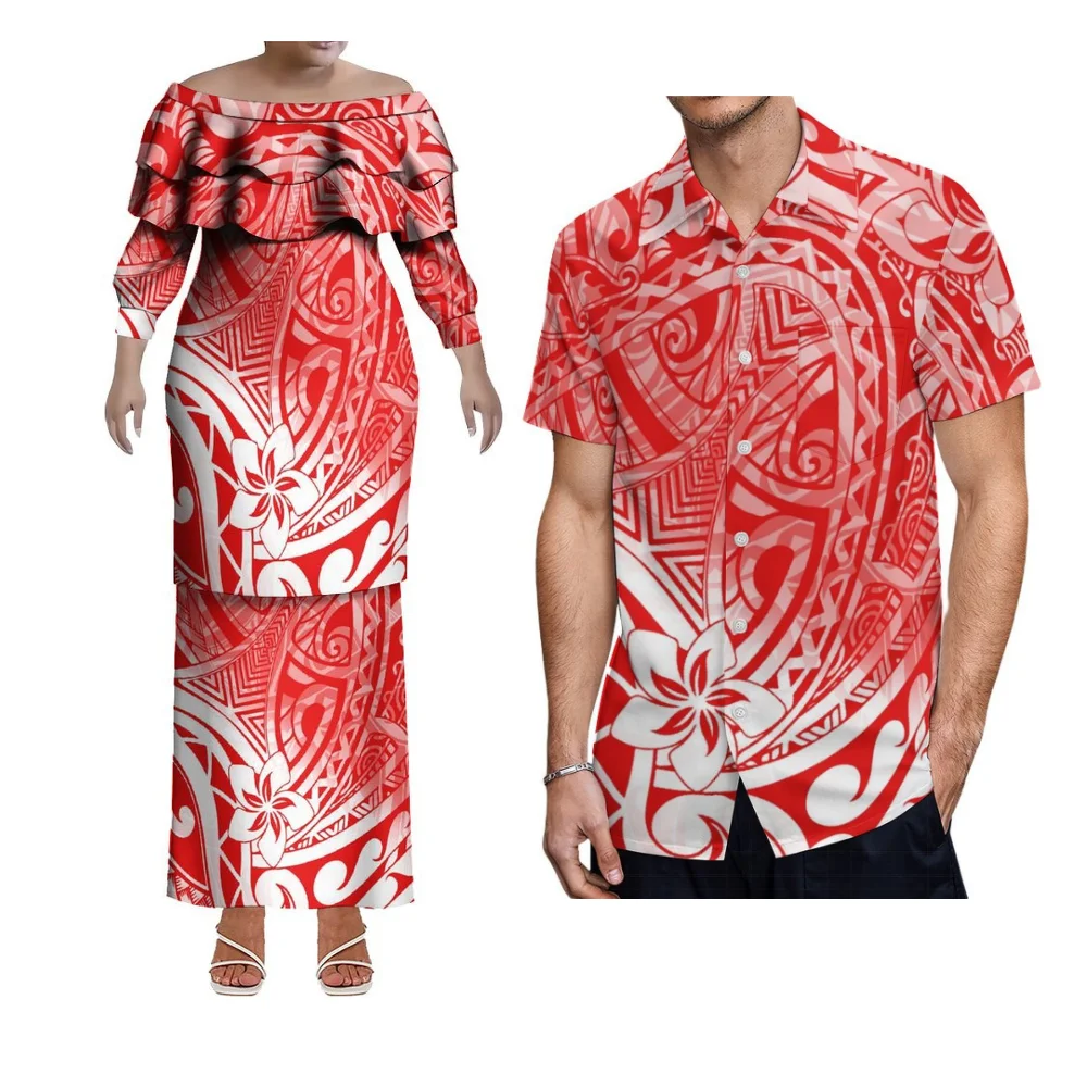 Polynesian Island Red Couple'S Set A Puletasi One-Shoulder Dress For Women And An Aloha Shirt For Men At A Hawaiian Beach Party