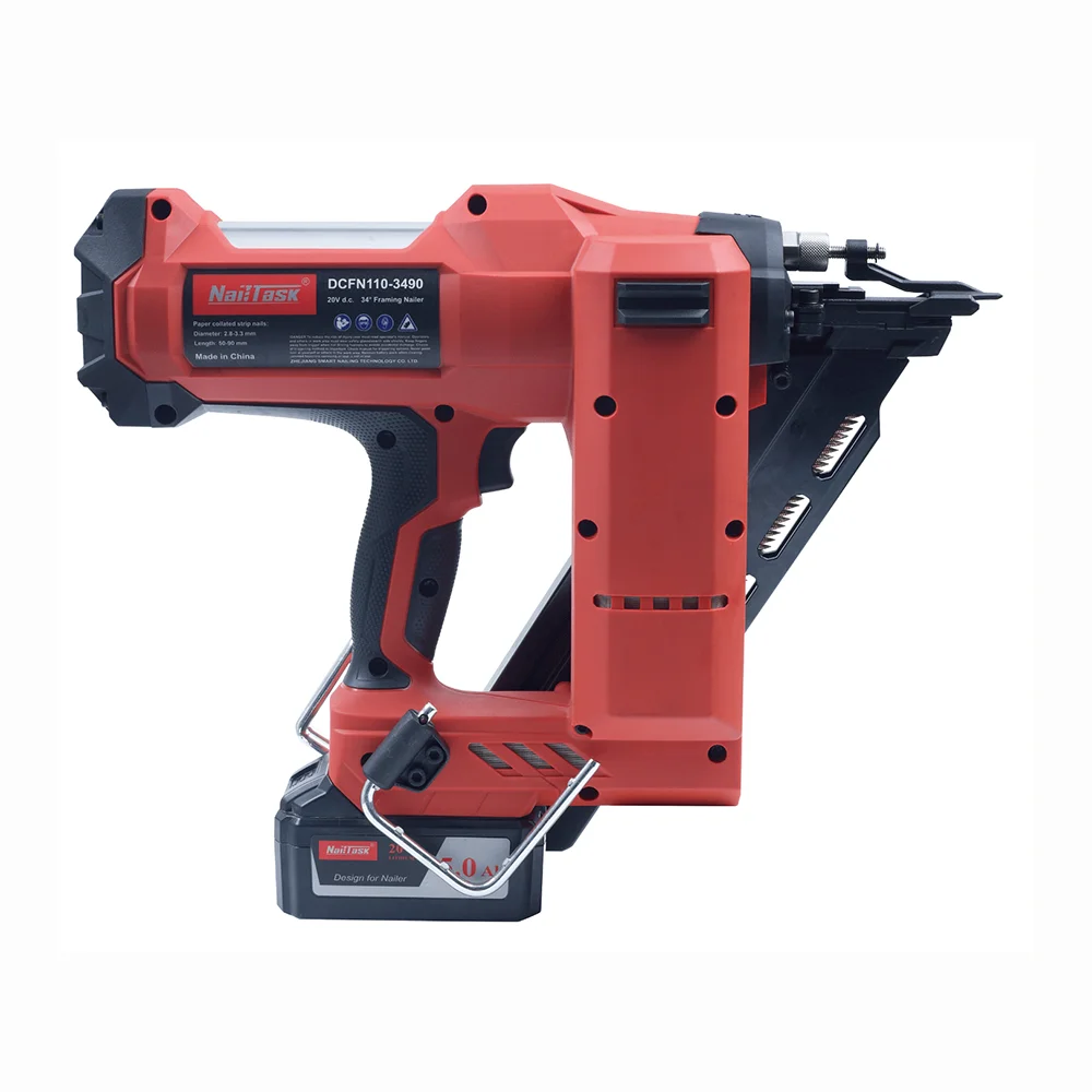 Nailtask DCFN110-3490 Lithium Battery Framing Nailer Gun using 34 degree Paper Strip Nails for wood construction