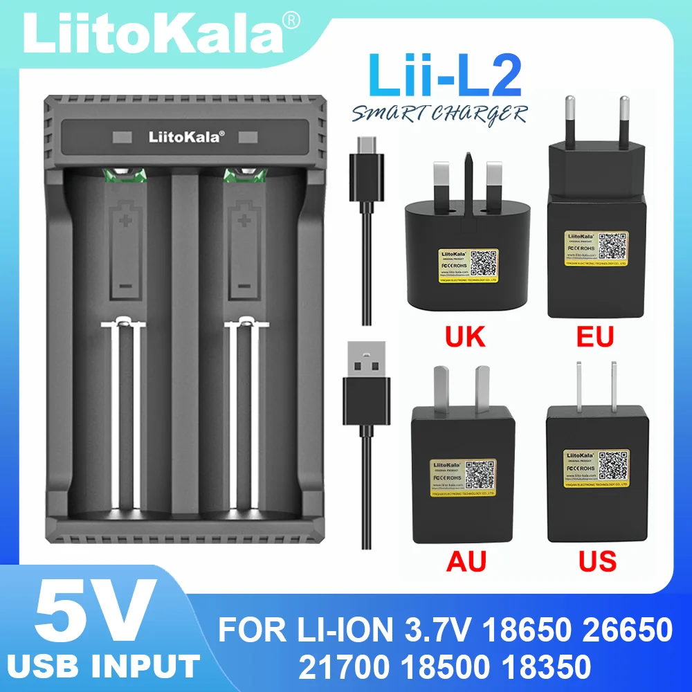 Liitokala Lii-402 Lii-L4 Lii-202 Lii-L2 5V EU AU US UK Plug for 3.7V 18650 18350 26650 18490 14500 21700 Battery Smart Charger