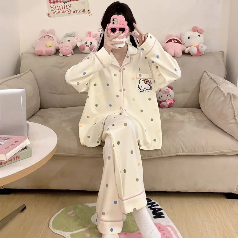 

Студенческие пижамы Sanrios, милые брюки с длинными рукавами Hello Kittys, милая домашняя одежда, повседневная удобная модная простая свободная креативная одежда