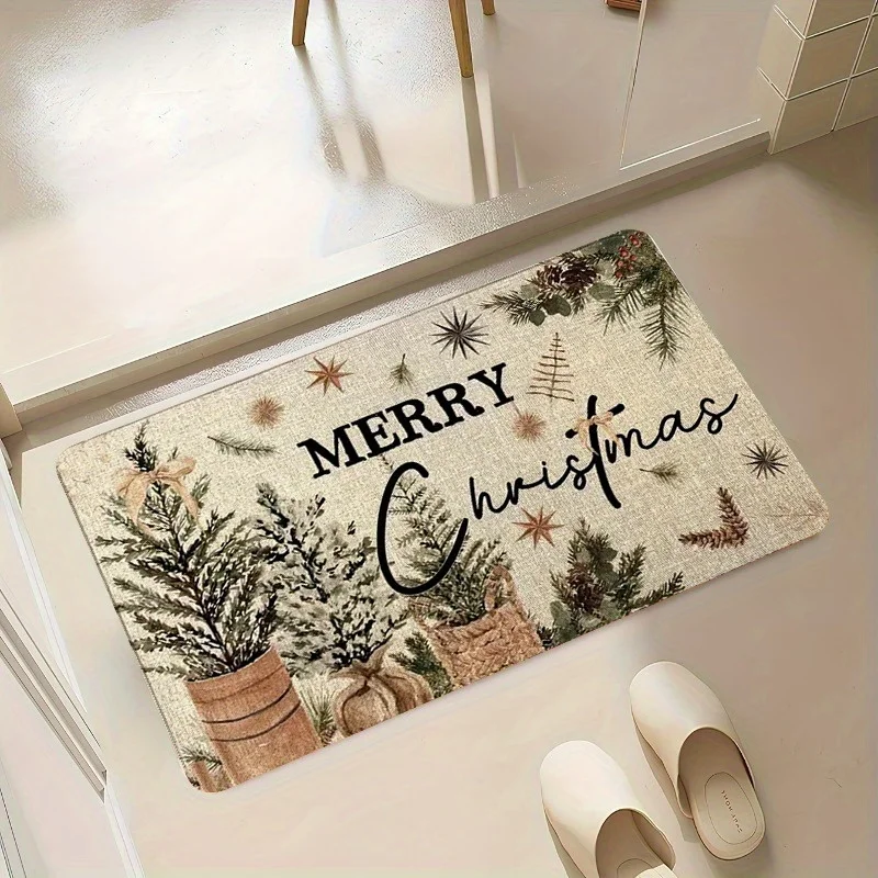 Holiday Xmas Floor Mat Winter Snow Forest Scene with Horses and Christmas Wreath Festive Graphic Decor Rug for Home Entryway