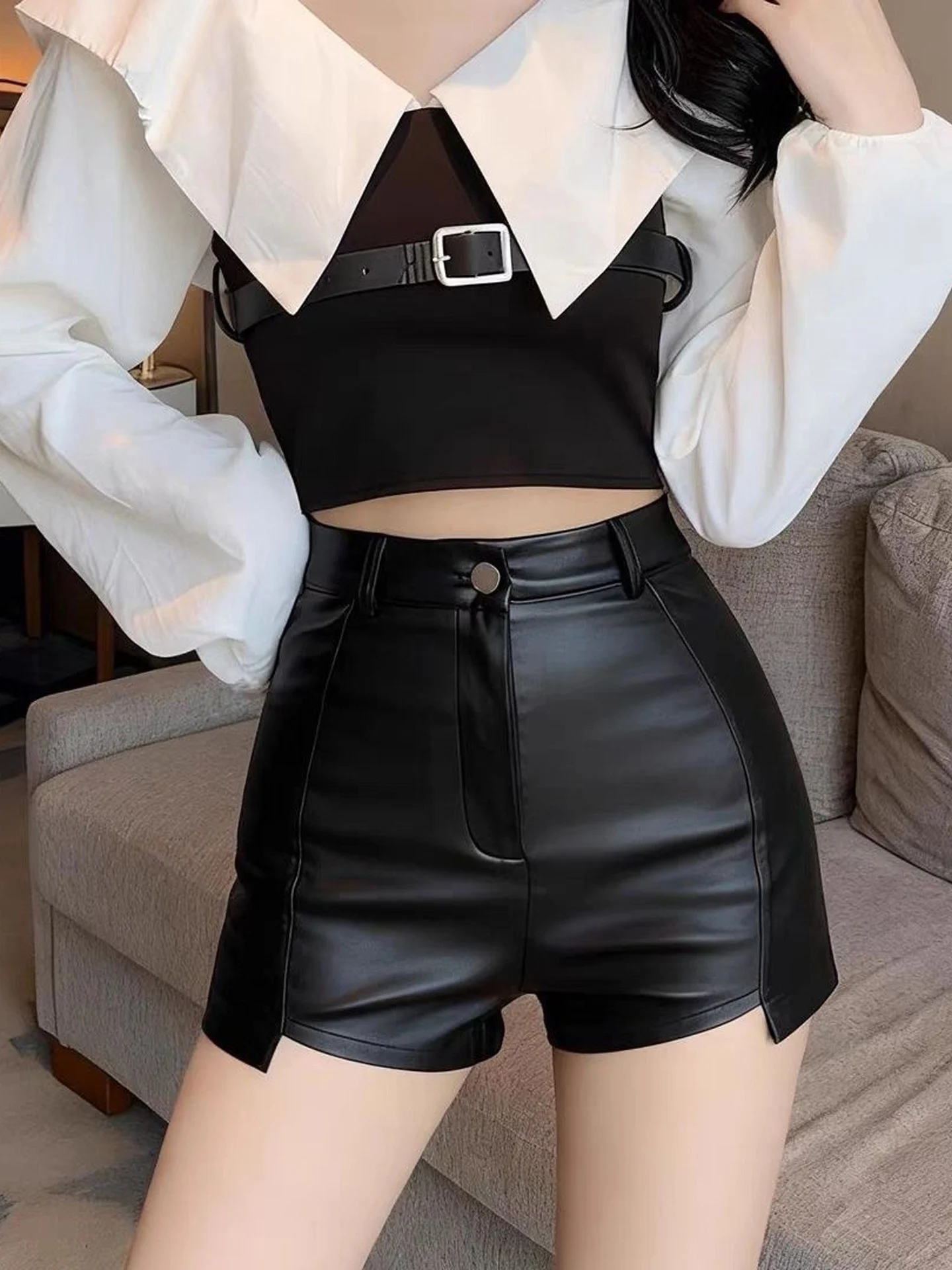 Slim Fit PU Leather Short Pants Women's Autumn Winter New Style Slimming Trendy Hot Girl mid Waist Boot Outerwear Base Layer ...
