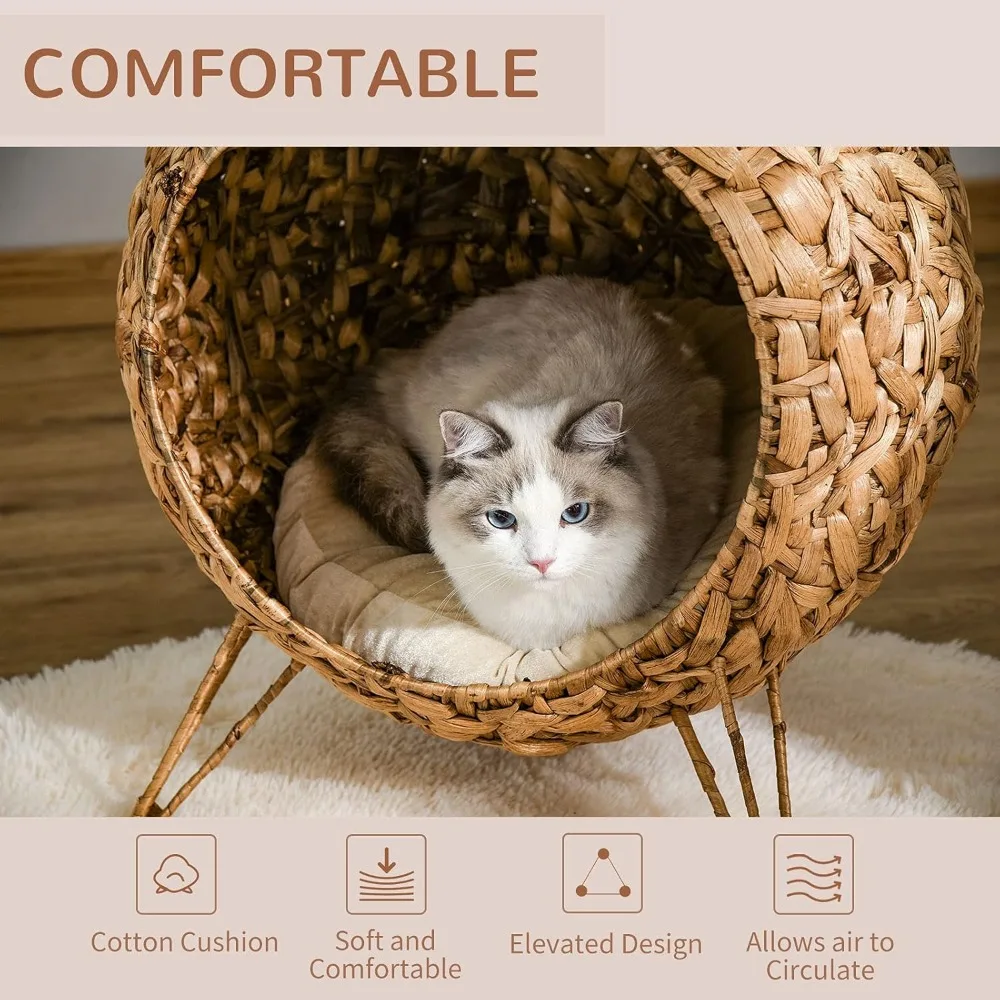 PawHut-cama tejida de 20,7 "para gato, casa elevada trenzada de hoja de plátano tejida a mano, condominio con cojín, Natural