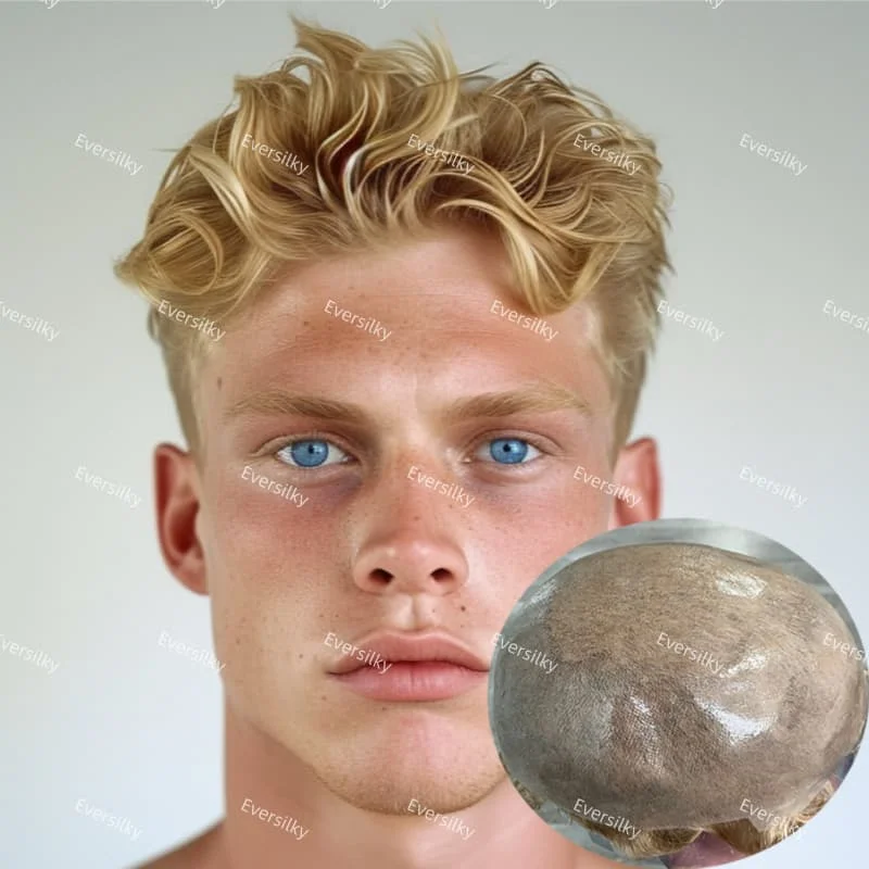 22R 20R 613 أخف شعر أشقر بني صناعي 90%-100% كثافة 0.02-0.03 مللي متر متين رقيق جلد pu رجل شعر مستعار طبيعي #1