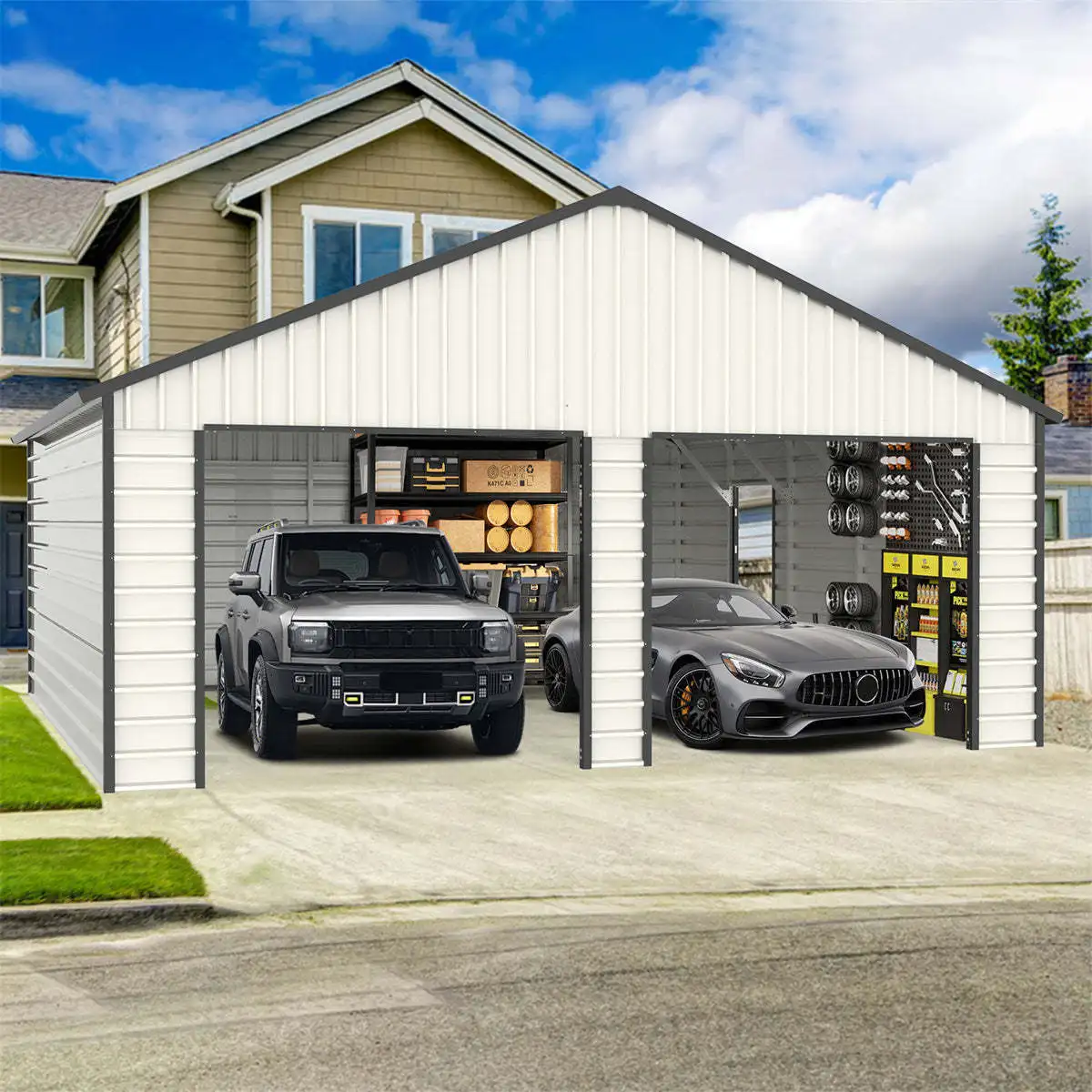 23' X 22' Eco-Friendly Double Garage Metal Shed Steel Frame Easily Assembled with Side Entry Door for Storage Customized