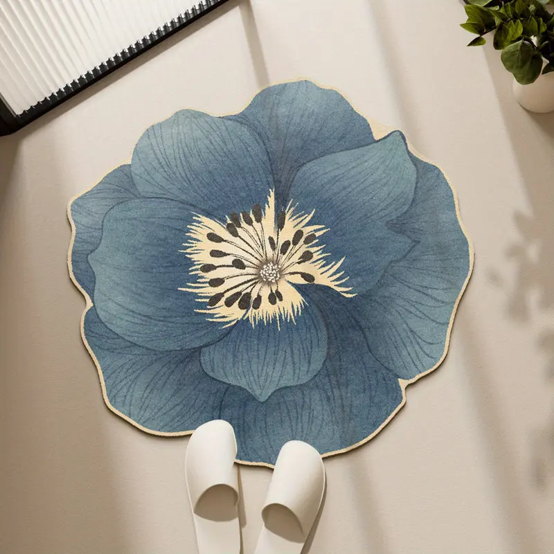 VIKAMA Blue Poppy Flower Rug, Imitation Cashmere Soft Plush Round Area Mat, Non Slip Absorbent Washable Floral Living Carpet