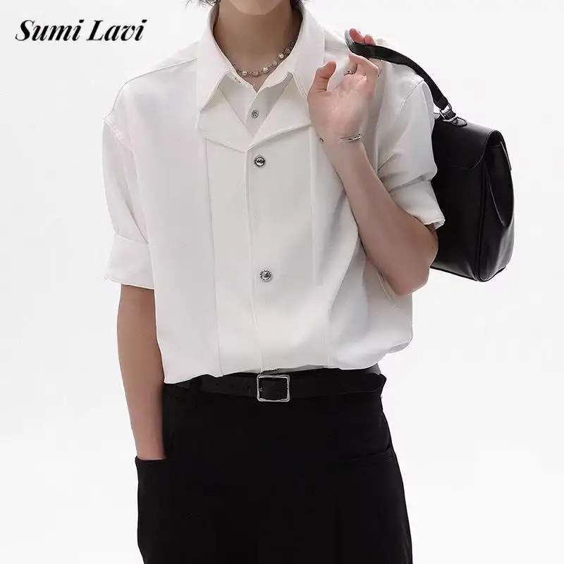 

2025 Summer Trendy Men's Solid Color Shirts Vintage Patchwork Button-up Shirt For Men Outdoor Fashion Short Sleeve Lapel Shirt