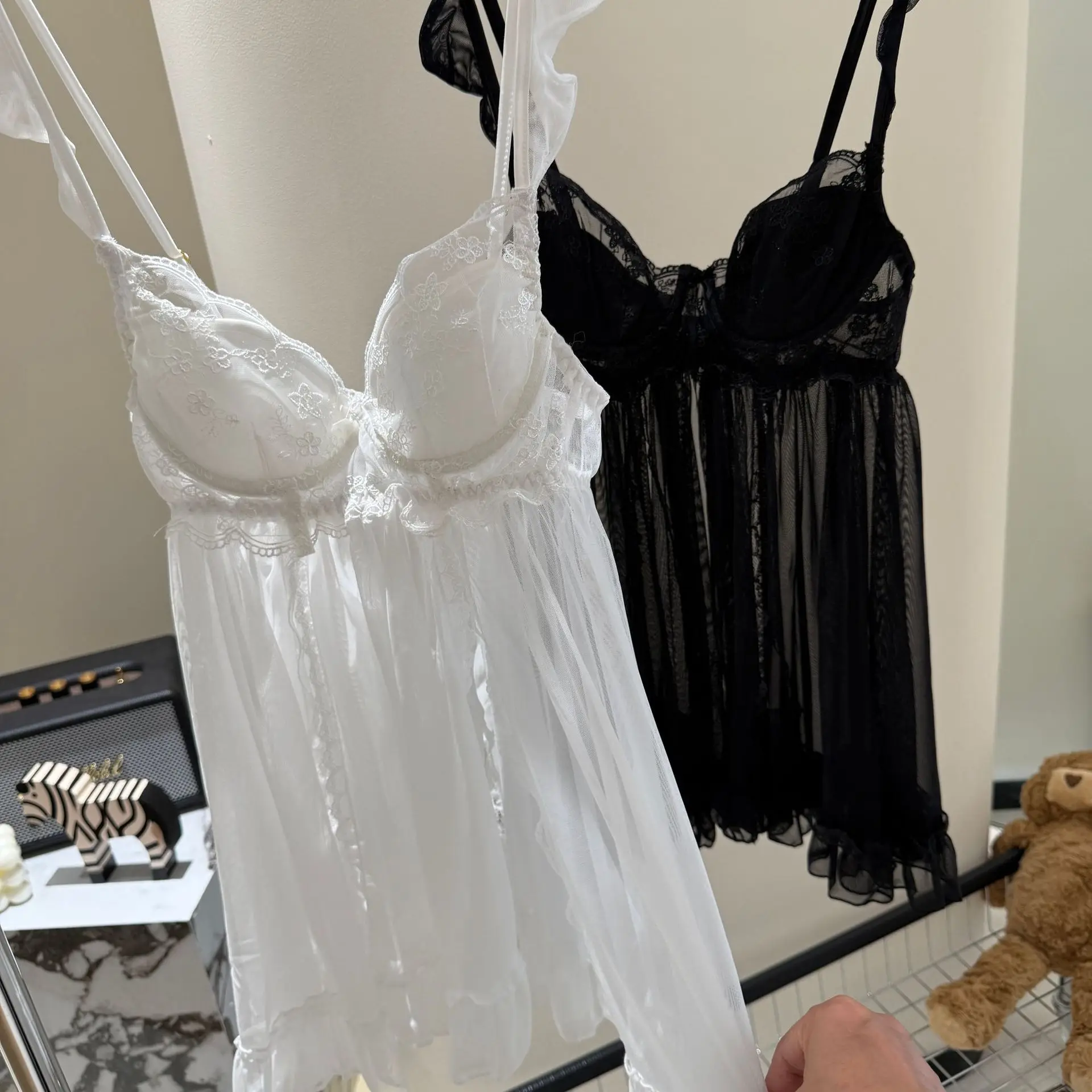 

Elegant Female Nighty Robe Set Mesh Bathrobe Nightgown Sexy Lace Nightdress Sleepwear Summer Home Wear
