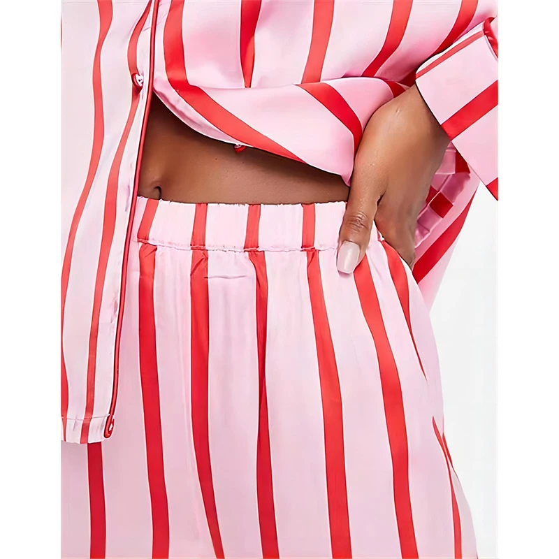 Ling Pink Striped Summer New In Women's Sleepwear Pijama Loose Casual 2 Pcs long Sleeve& Pants Sets Loungewear Home Clothe Sets