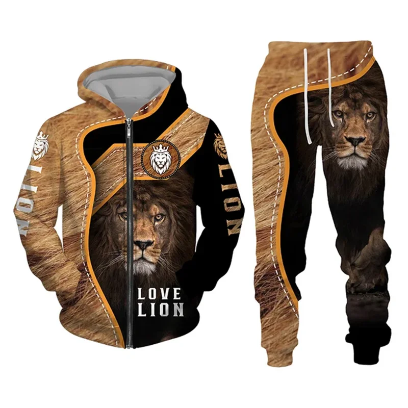 Felpa con cappuccio da uomo con Zip tuta con cappuccio completo Set Lion Graphic Zipper 2 pezzi sport con cappuccio sport Casual all\'aperto stampa