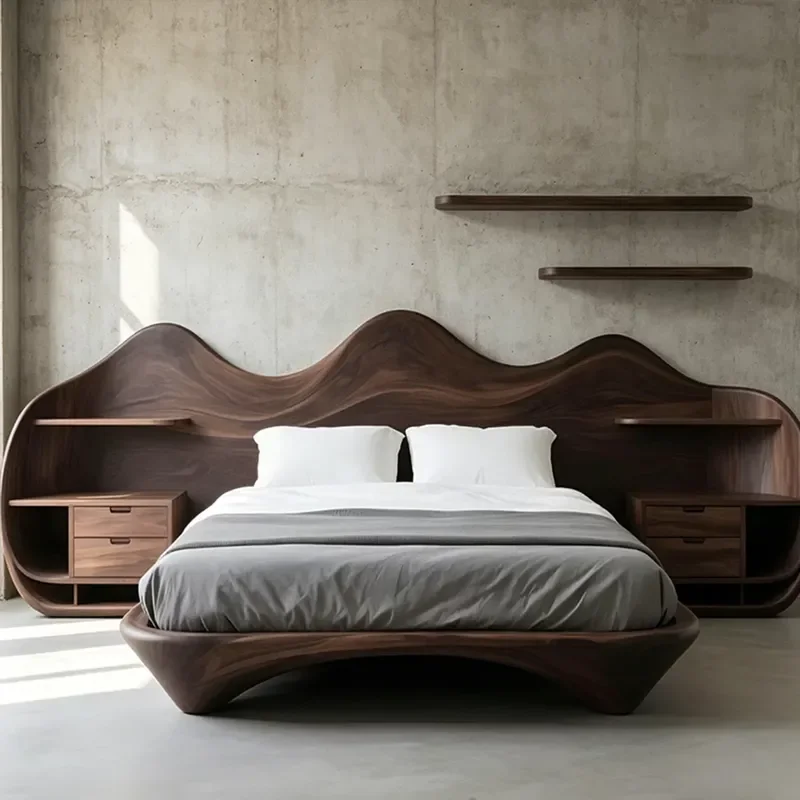 New Chinese Black Walnut Solid Wood Bed 2026 Creative Zen Special Shaped Tenon and Mortise Mountain Waves Double Bed