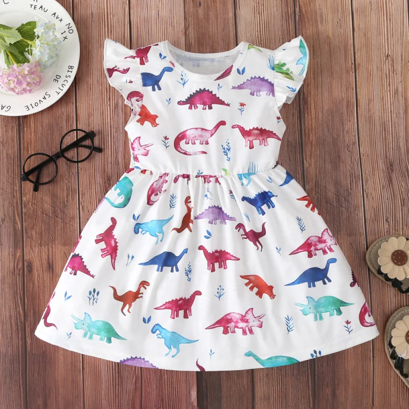 Summer New Hot-Selling Girls' Dress Hot Sale Flutter Sleeve Colorful Dinosaur Dress Wholesale