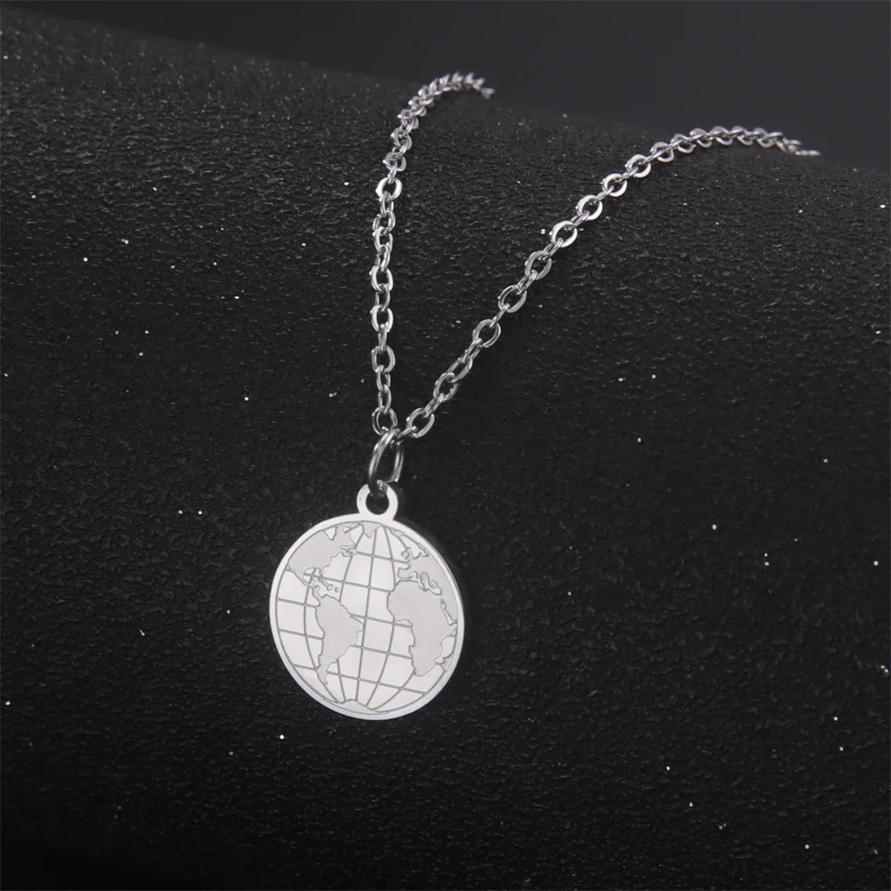 My Shape World Map Pendant Necklaces for Women Men Earth Globe Round Charm Stainless Steel Necklace Choker Jewelry Travel Gifts