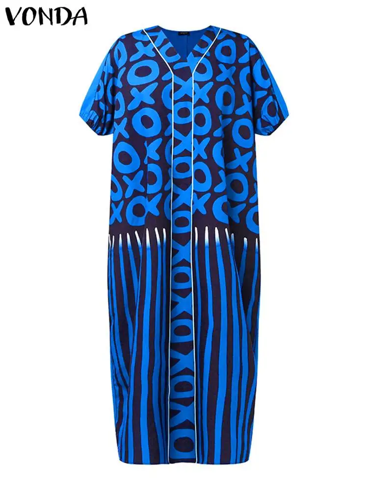 VONDA-vestido de noche de talla grande para mujer, traje con cuello de pico y manga de ala de murciélago, estampado Vintage, a rayas, para fiesta, Otoño, 2024