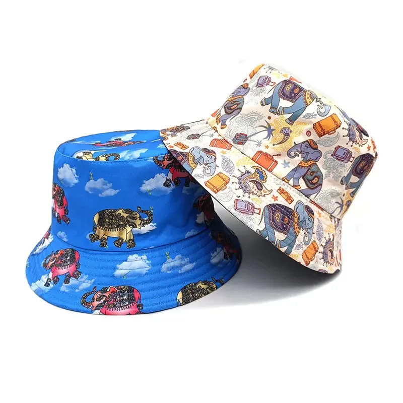 Spring Summer Polyester Cartoon Elephant Print Bucket Hat Fisherman Hat Outdoor Travel Sun Cap for Men and Women 06